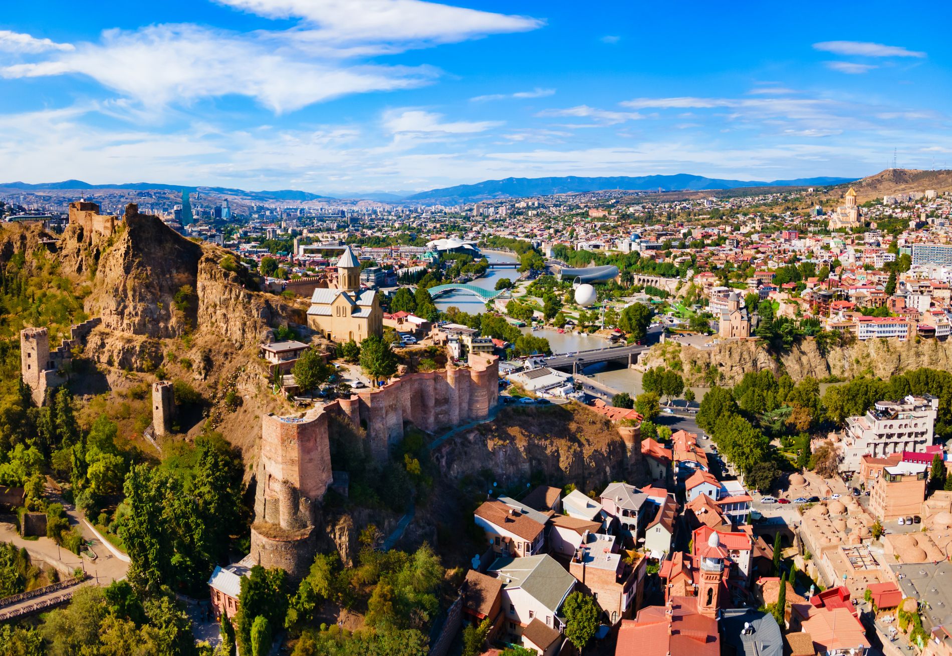 Aerial view of Narikala Fortress — sweeping panorama of Tbilisi’s Old Town and historic stronghold atop the city skyline