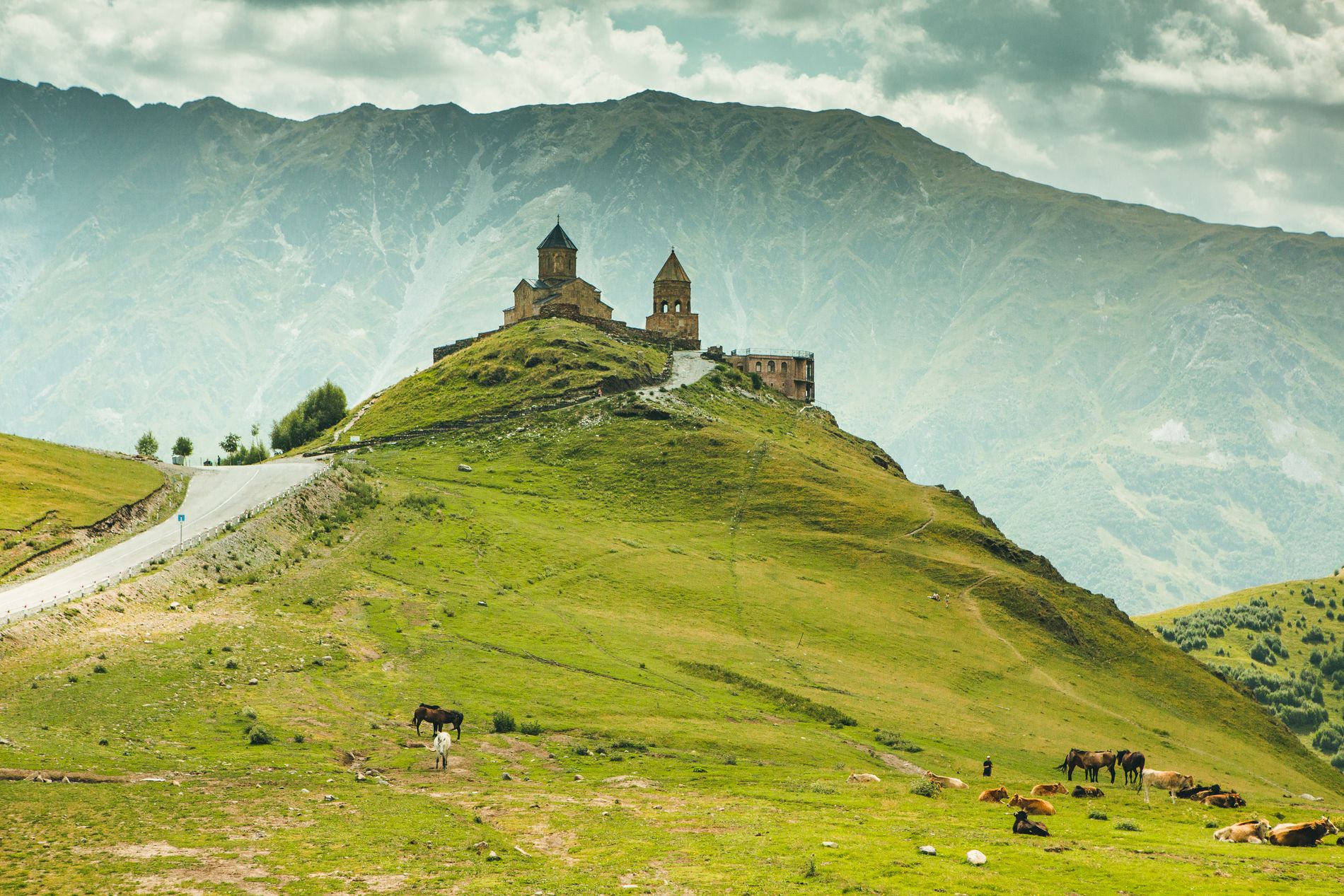 Gergeti Trinity Church near Kazbegi — iconic hilltop monastery with panoramic views of Mount Kazbek and Stepantsminda valley