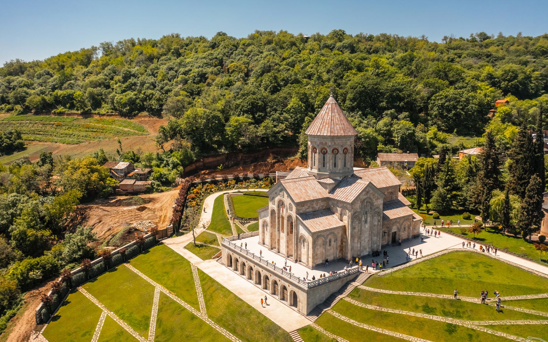 Bodbe Monastery near Sighnaghi — peaceful hilltop convent surrounded by cypress trees, overlooking the Kakheti region in eastern Georgia