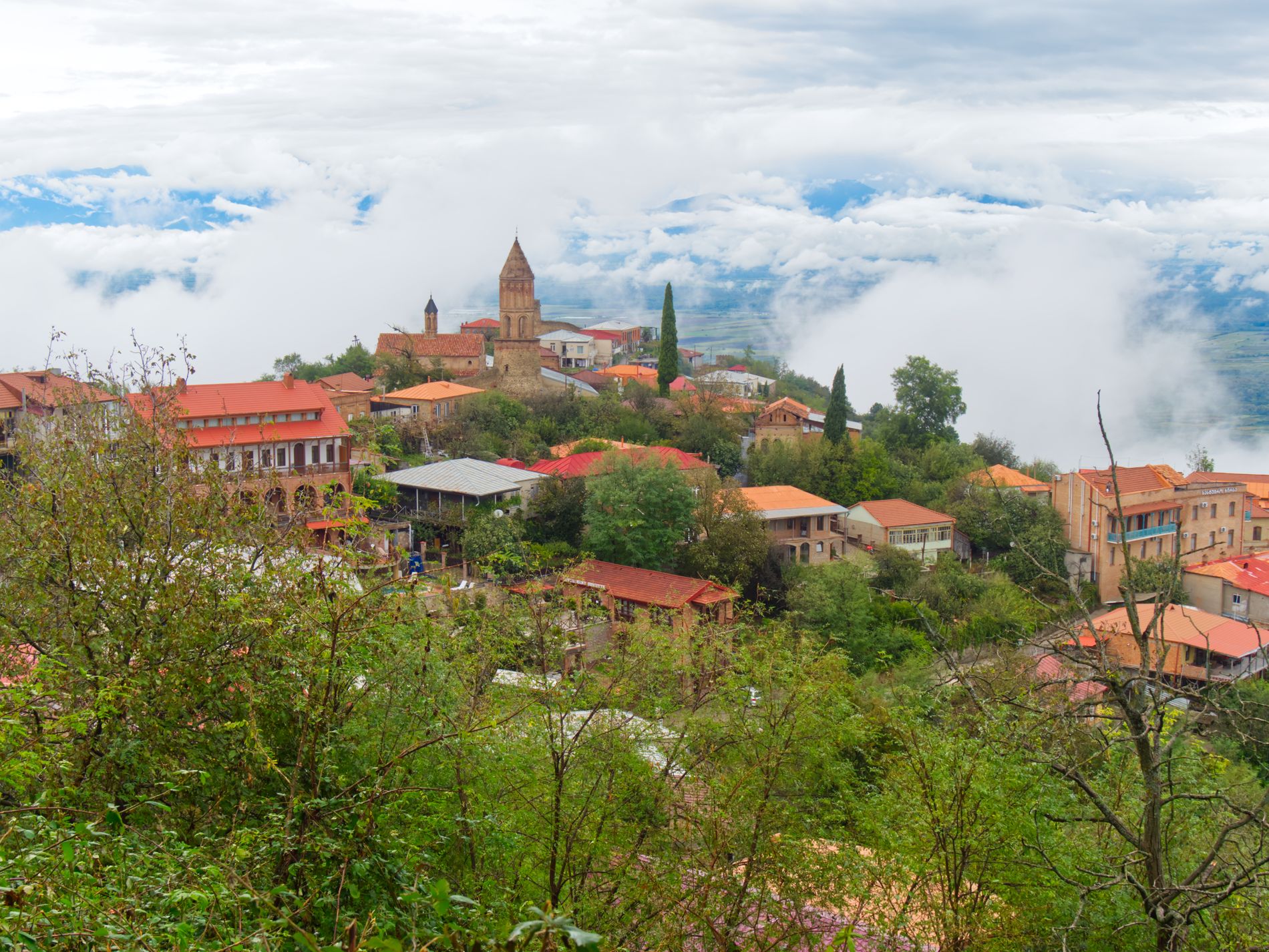 Sighnaghi town in eastern Georgia with panoramic views of the Alazani Valley and snow-capped Caucasus Mountains in the background