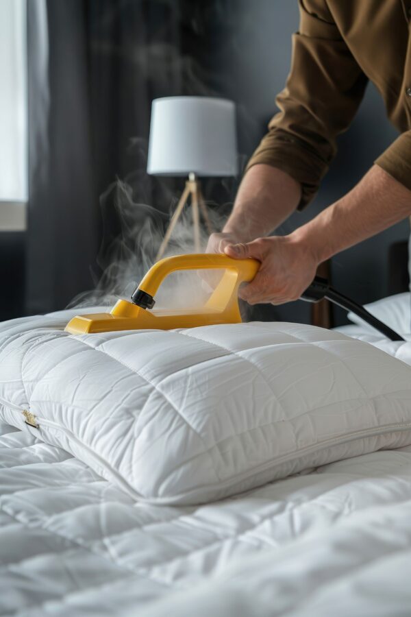 Professional hotel housekeeping — steam-cleaning a pillow with fabric steamer to ensure freshness and guest comfort
