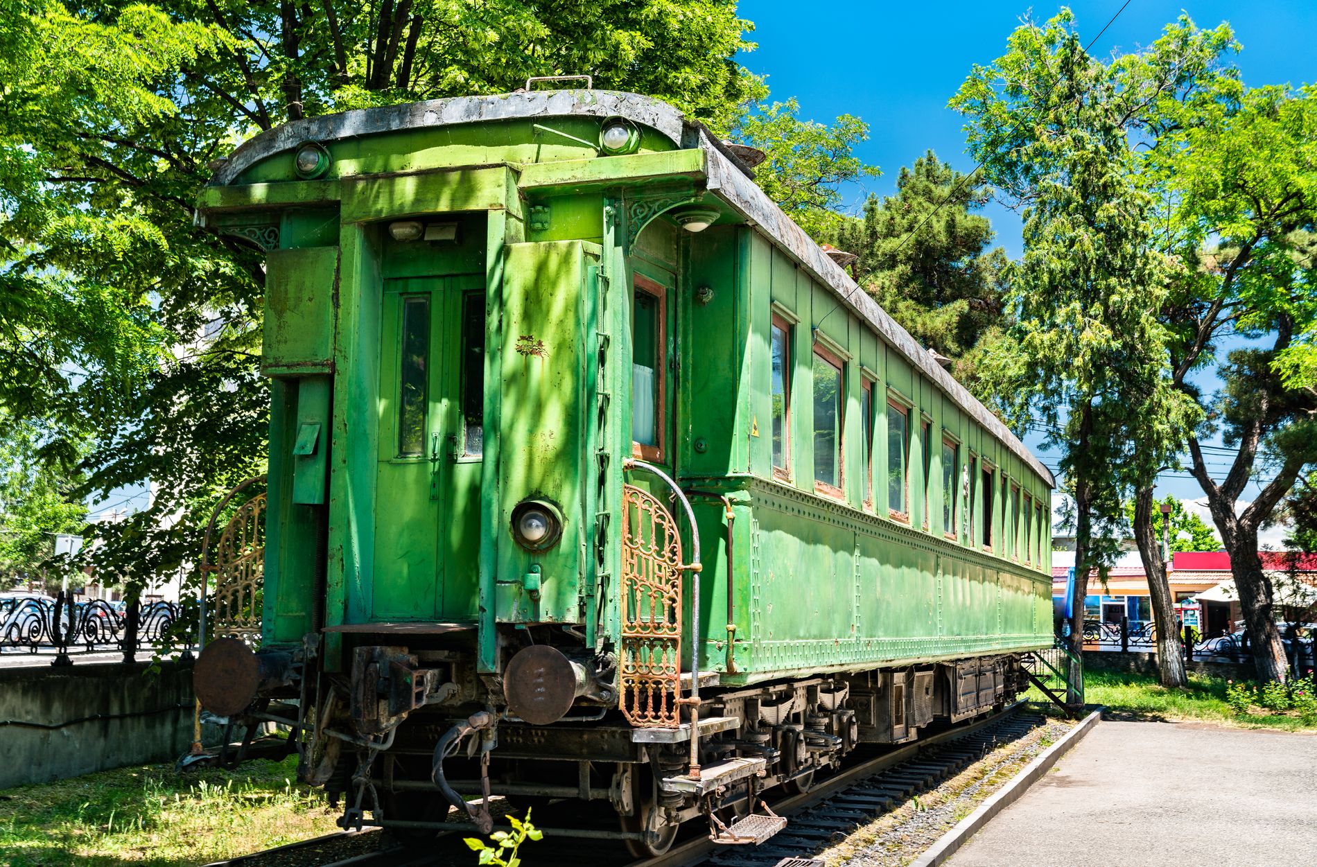 Green train carriage used by Joseph Stalin — preserved exhibit outside the Stalin Museum in his hometown of Gori, Georgia