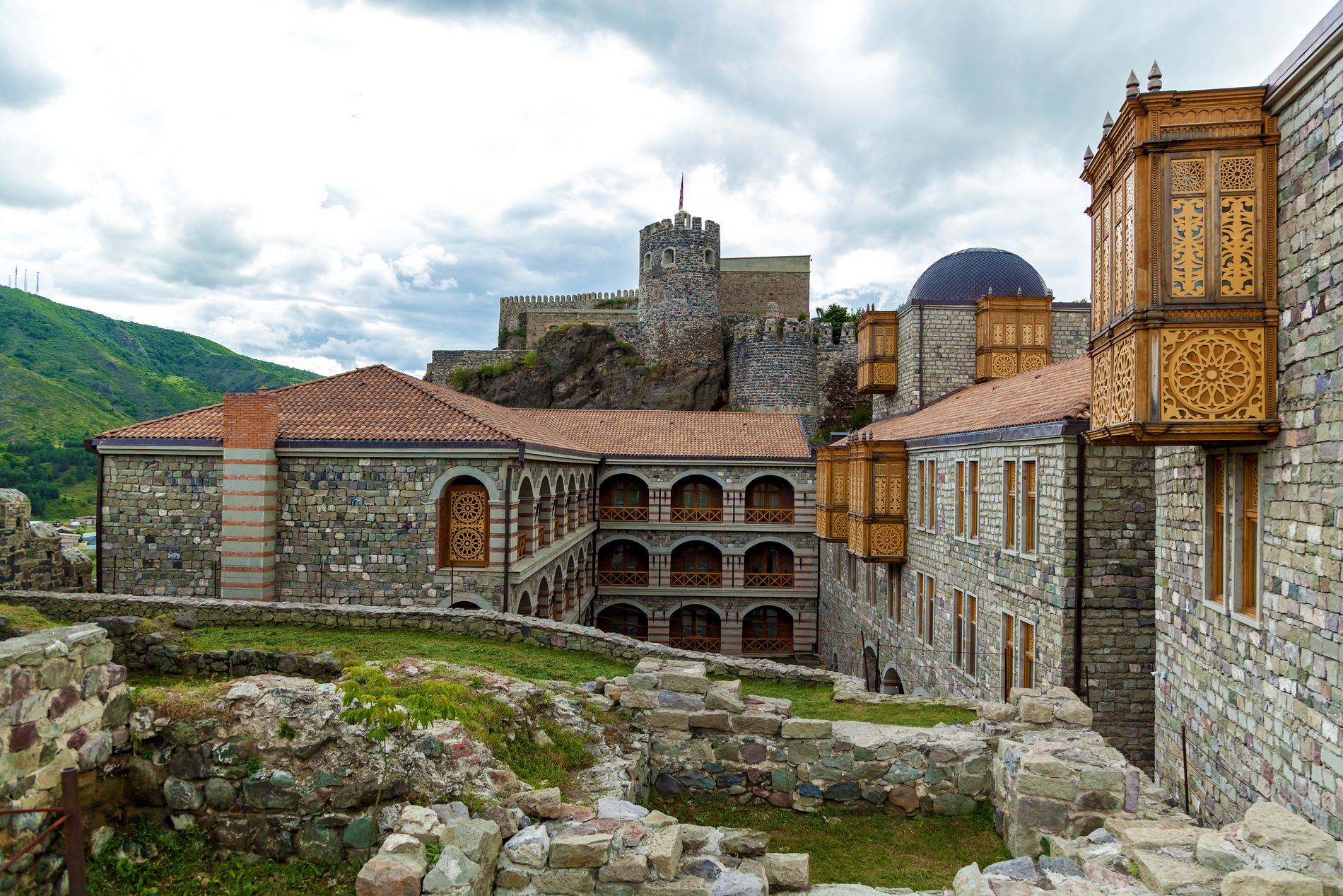 Rabati Fortress from above — panoramic view of towers, domes and gardens in this historic Georgian fortress town
