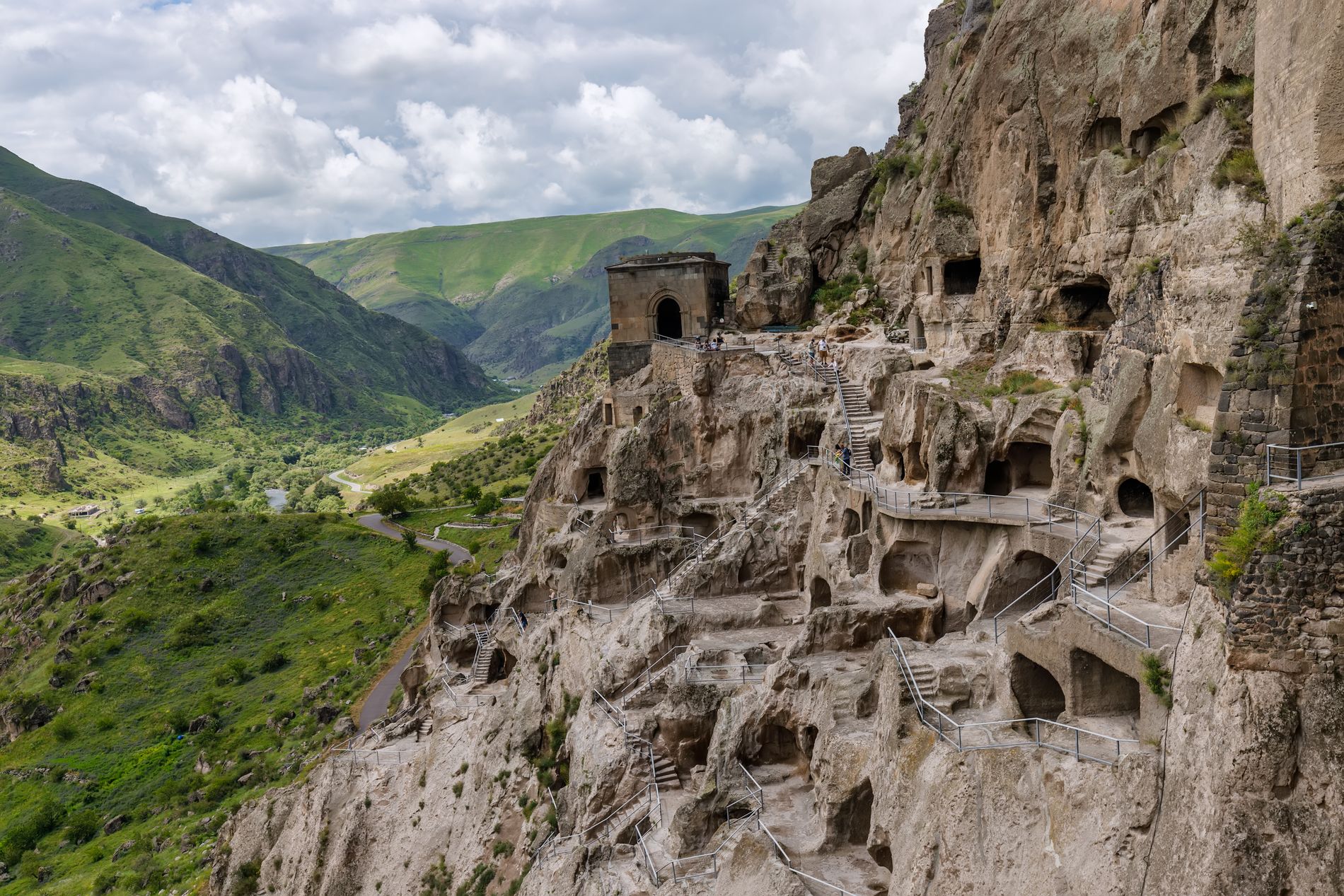 Vardzia — vast cave monastery carved into rock walls of a cliff above the Kura River in southern Georgia