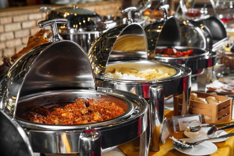Full buffet breakfast with pastries, eggs, fruits and coffee — morning service at Bellevue Hotel in central Tbilisi